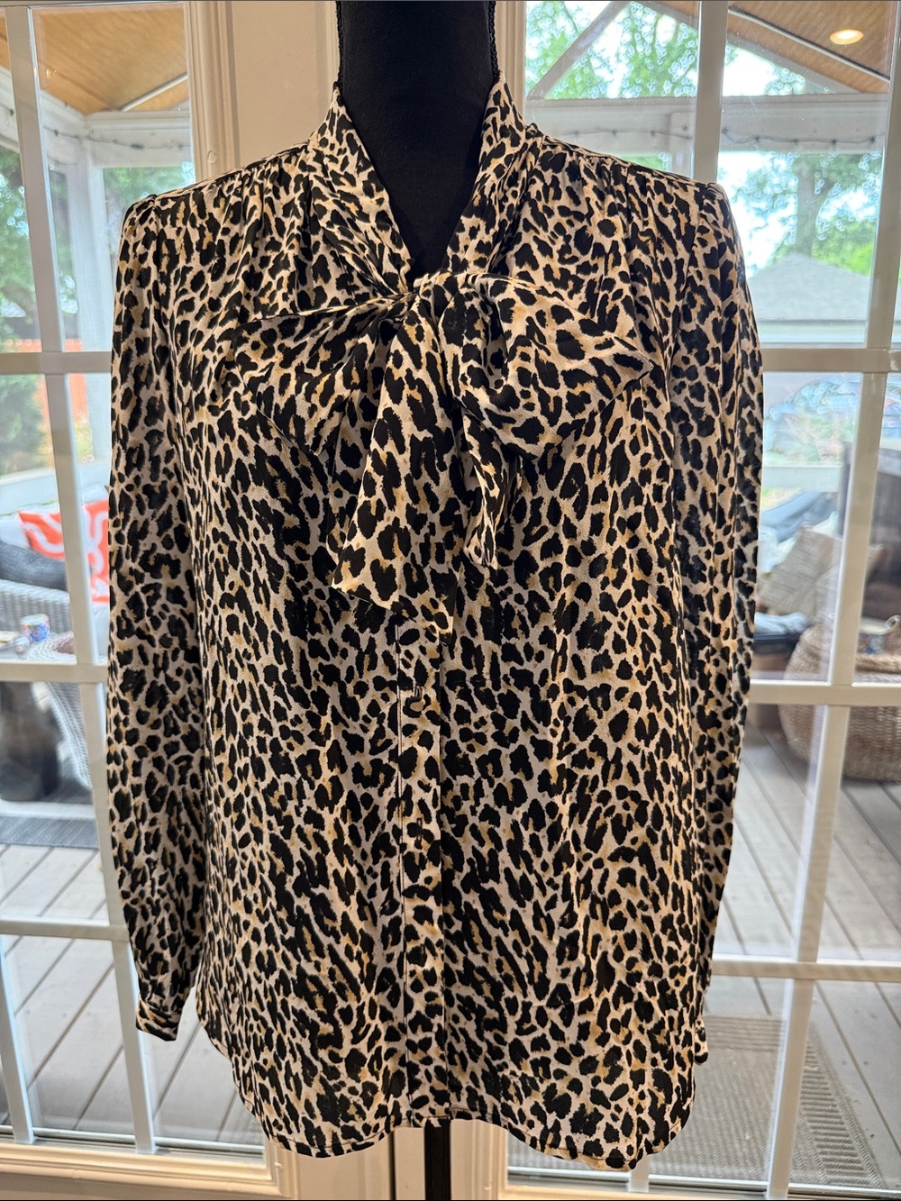J. Crew Leopard Tie-Neck Blouse - Black & Cream